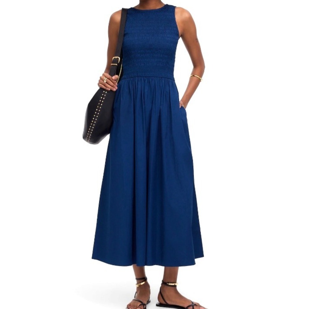 Madewell Navy Blue Smocked Bodice Midi Dress